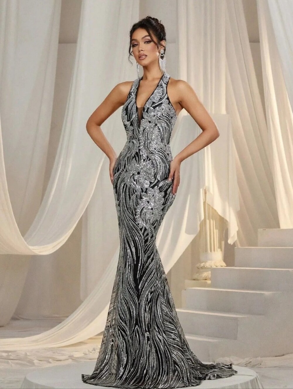 Silver Sequin Halter Mermaid Evening Dress